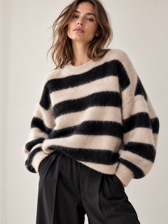 H&M Sweaters - H&M Mohair Wool Blend Striped Sweater Black Beige Fuzzy Knit Size L Like New